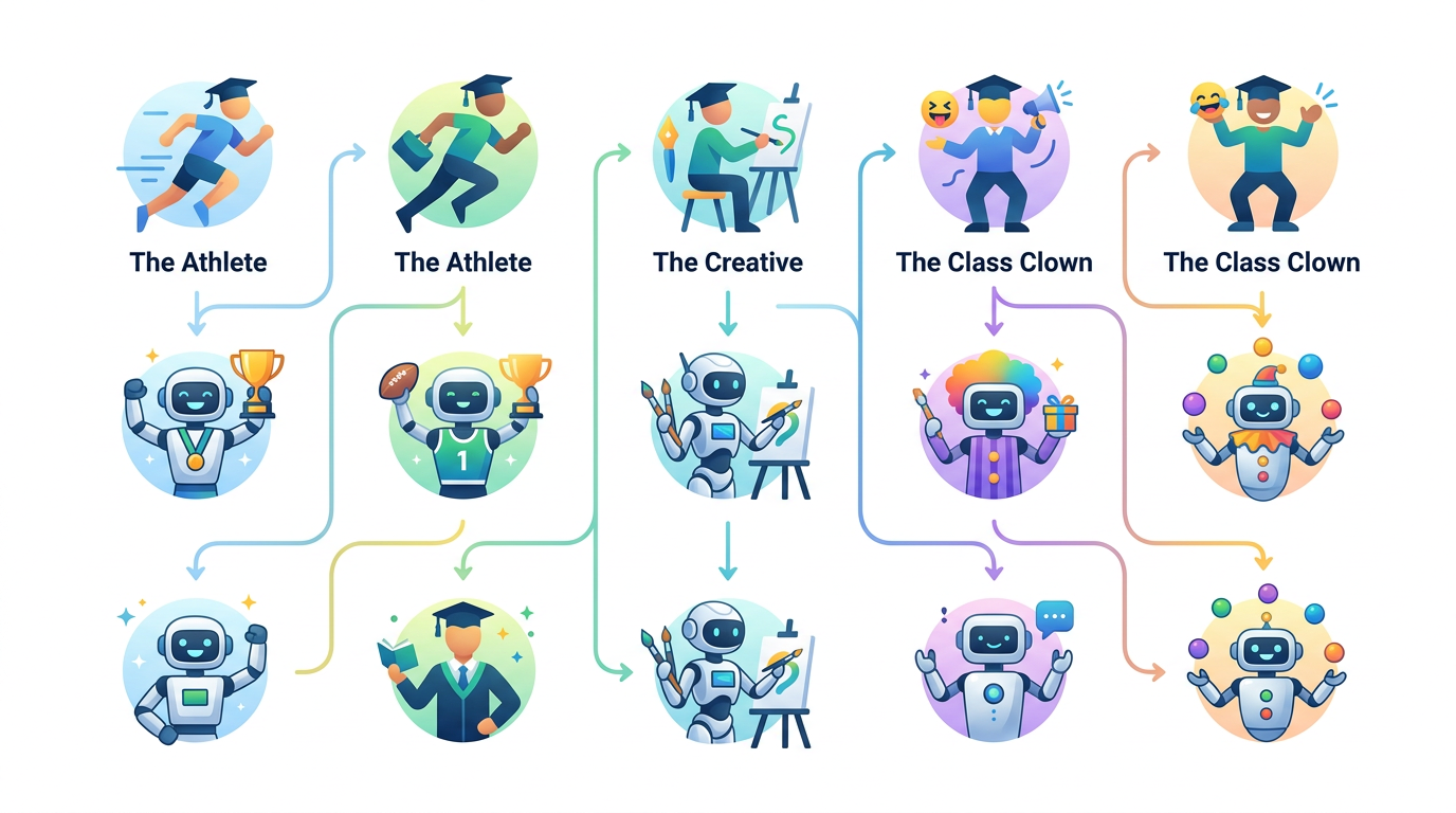 A flowchart mapping graduate personality types to recommended AI character personas for a personalized video message.