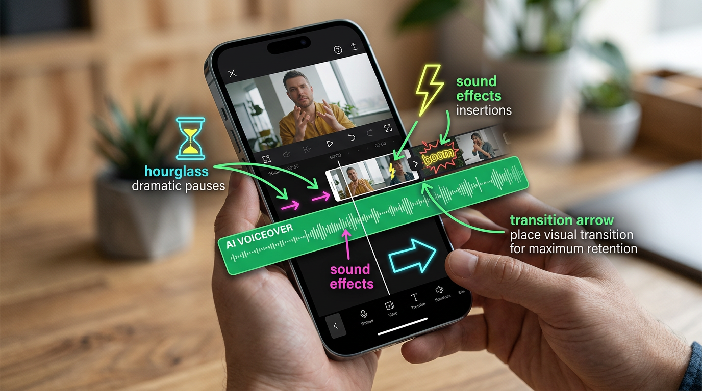A smartphone screen showing a video editing timeline with an AI voiceover track and neon annotations for editing audio pacing.