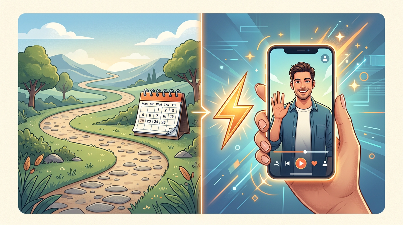 A conceptual graphic comparing the slow turnaround of traditional cameos with the instant generation speed of Fanfun AI videos.