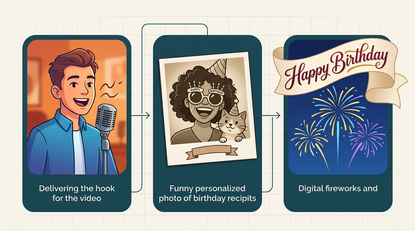 A three-step storyboard graphic demonstrating how to structure a personalized AI birthday video script for maximum humor.