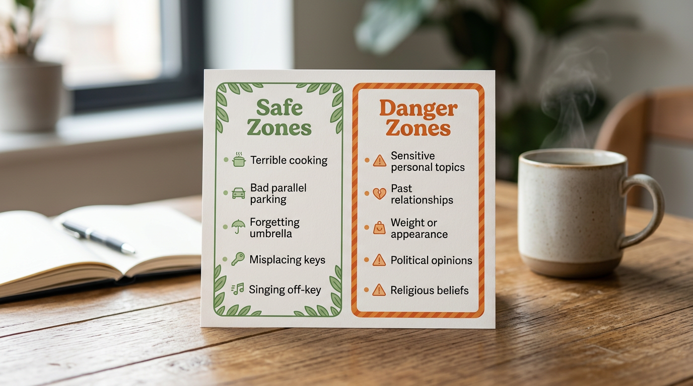 A comparison checklist showing safe and unsafe topics for a birthday roast video.