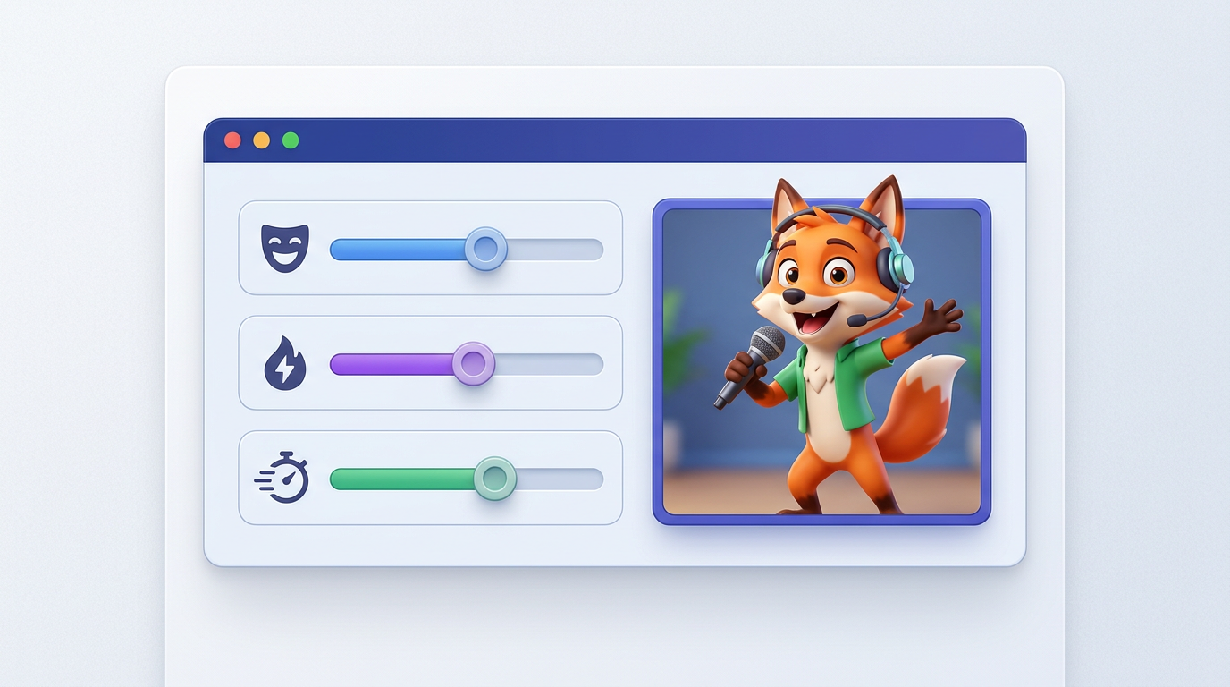 A stylized user interface of an AI video generator showing controls for voice pacing, emotional tone, and character selection.