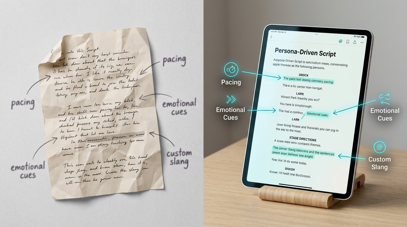 A side-by-side comparison of a generic script versus a highly optimized, persona-driven script for an AI voice generator.