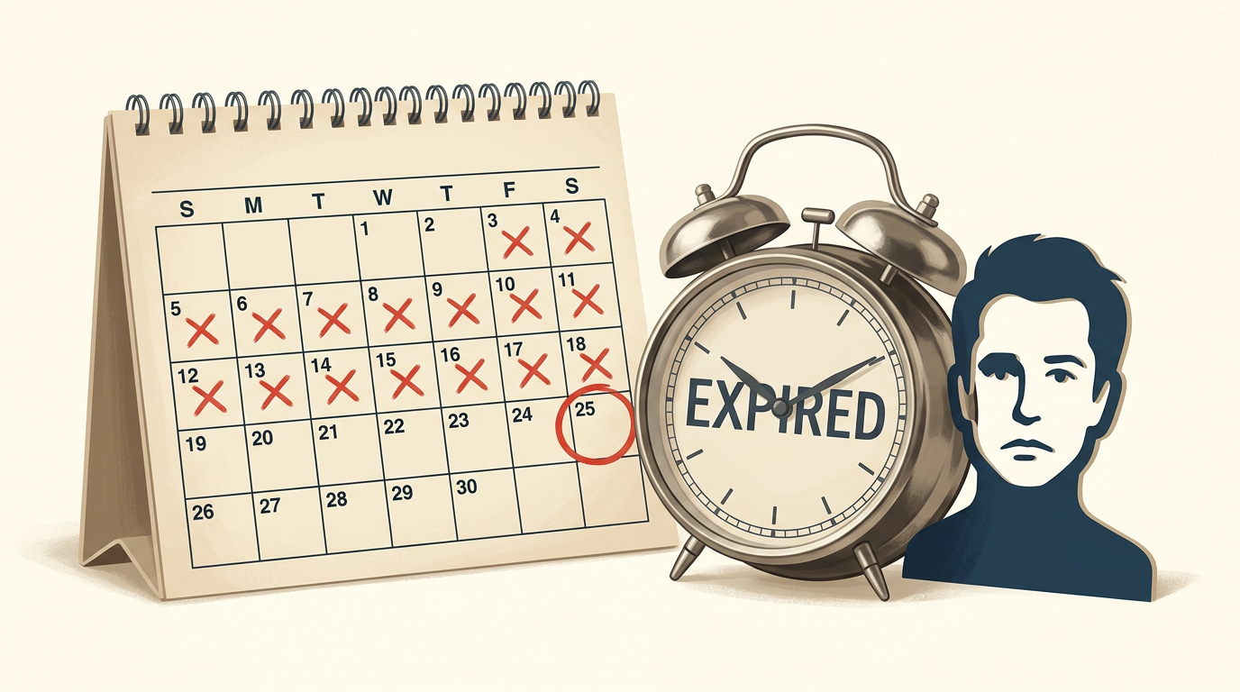 A stylized calendar showing crossed-out days and an expired request notification, representing the slow turnaround of traditional celebrity video services.