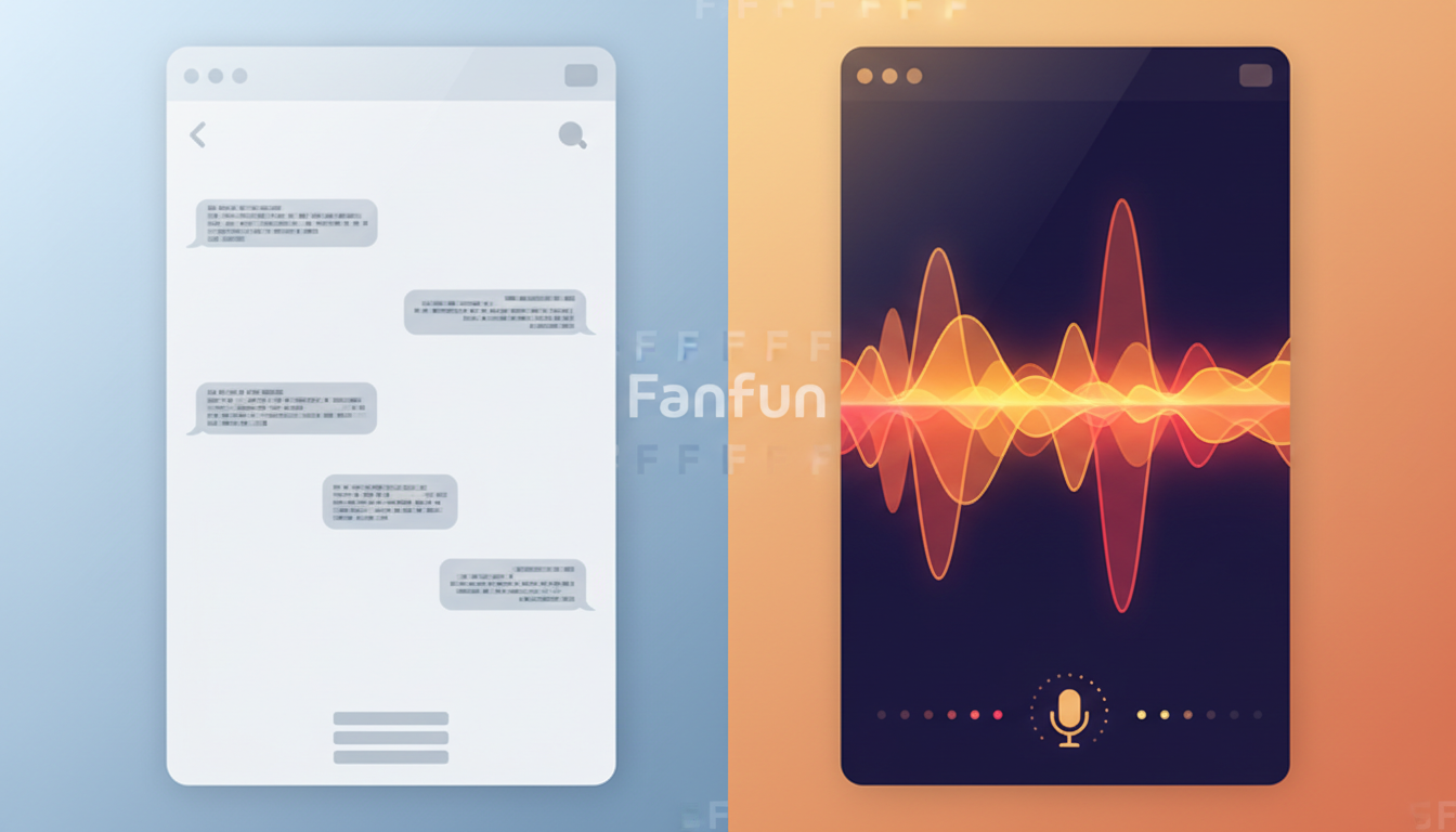 A visual comparison showing a flat text-based chat bubble interface next to an active, colorful voice waveform interface.