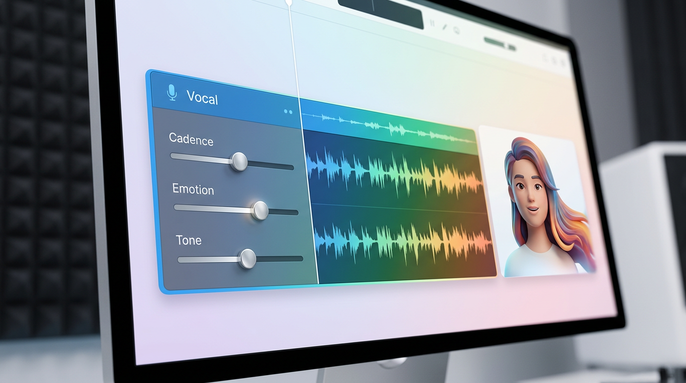 A digital interface illustrating the adjustment of vocal cadence and emotion for an AI celebrity voice generator.