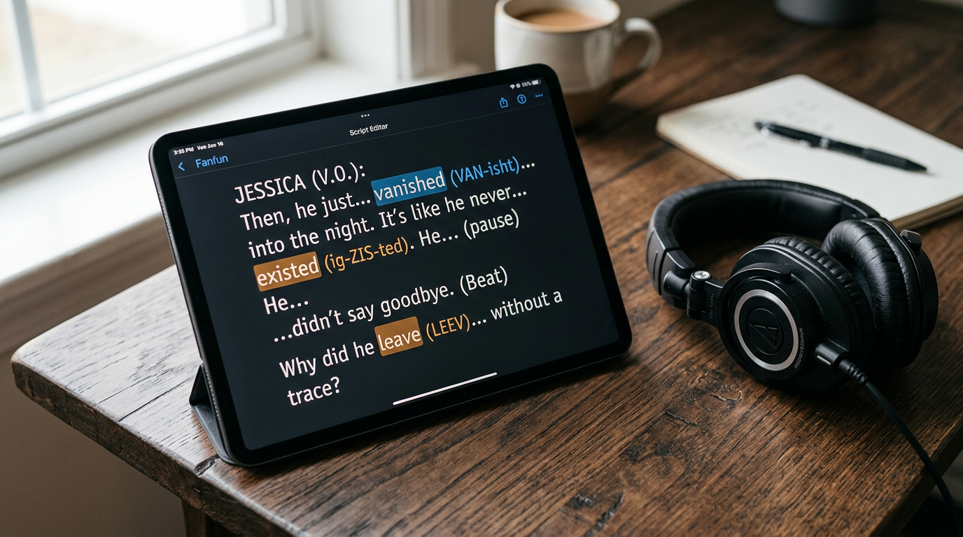 A tablet displaying a script with phonetic spelling edits next to studio headphones, illustrating how to write for AI voice generation.