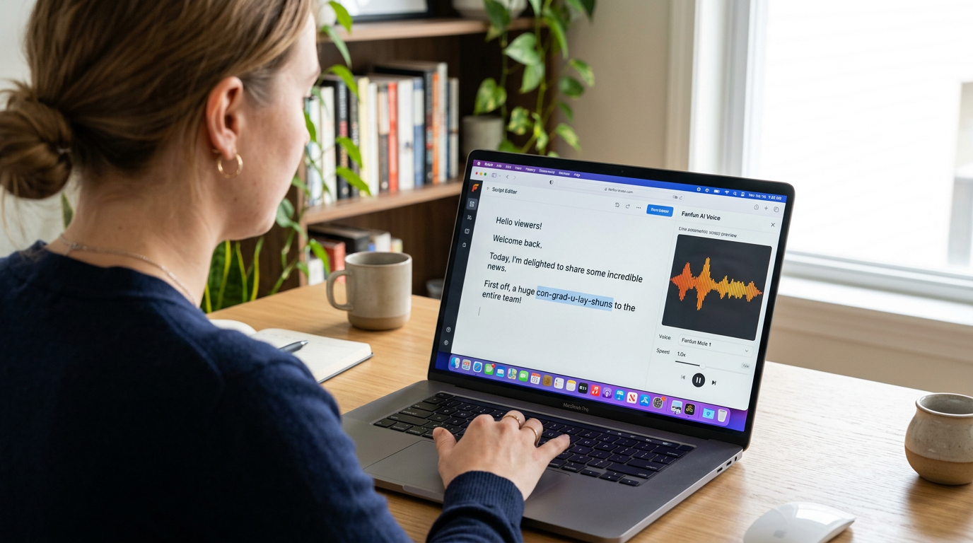 A laptop screen showing a script being optimized with phonetic spelling for an AI voice generator.