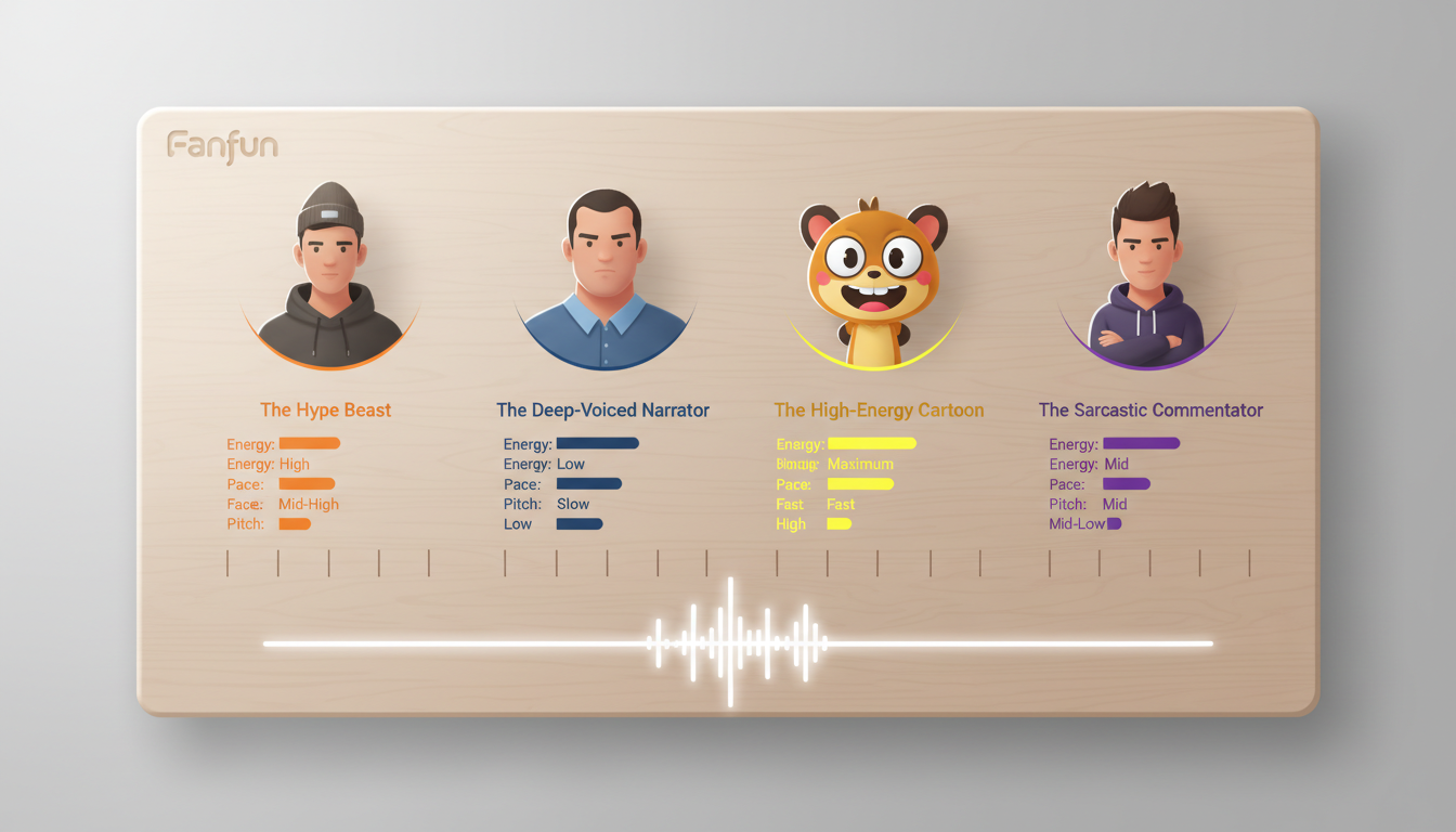 A stylized vocal casting board graphic showing different AI voice archetypes with adjustable sliders for energy, pace, and pitch.