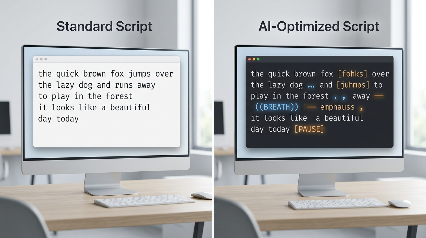 A comparison graphic showing standard text script versus an AI-optimized script formatted with punctuation and phonetic spelling for better voiceover delivery.