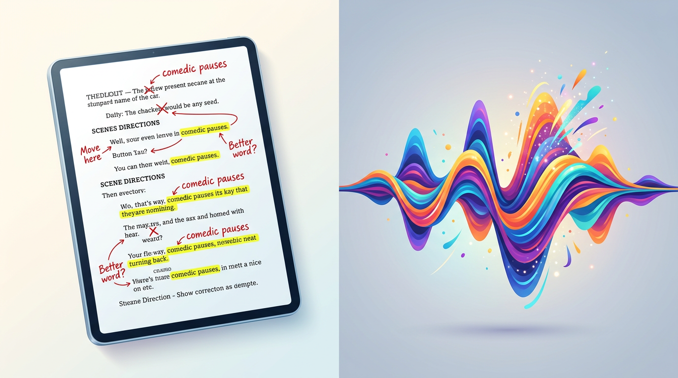 An illustrated guide showing how to structure and edit a script for an AI roast video to optimize comedic timing.