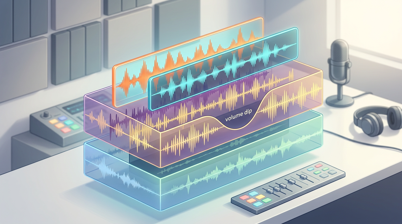 A visual diagram showing the three layers of a professional audio mix: room tone, background music, and a highlighted AI voiceover track.
