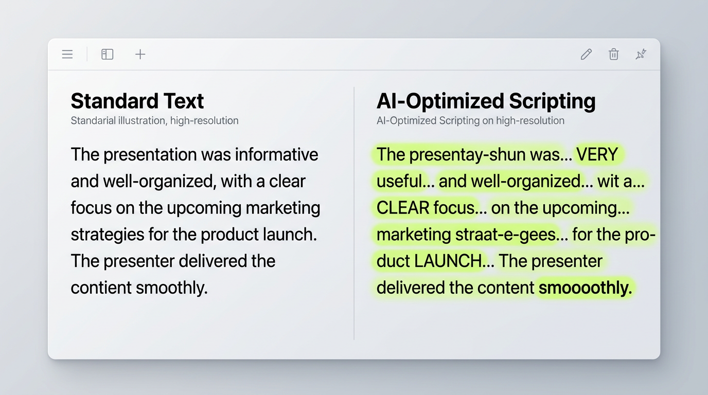 A comparison showing standard script text versus phonetic and punctuation-optimized text for natural AI voice generation.