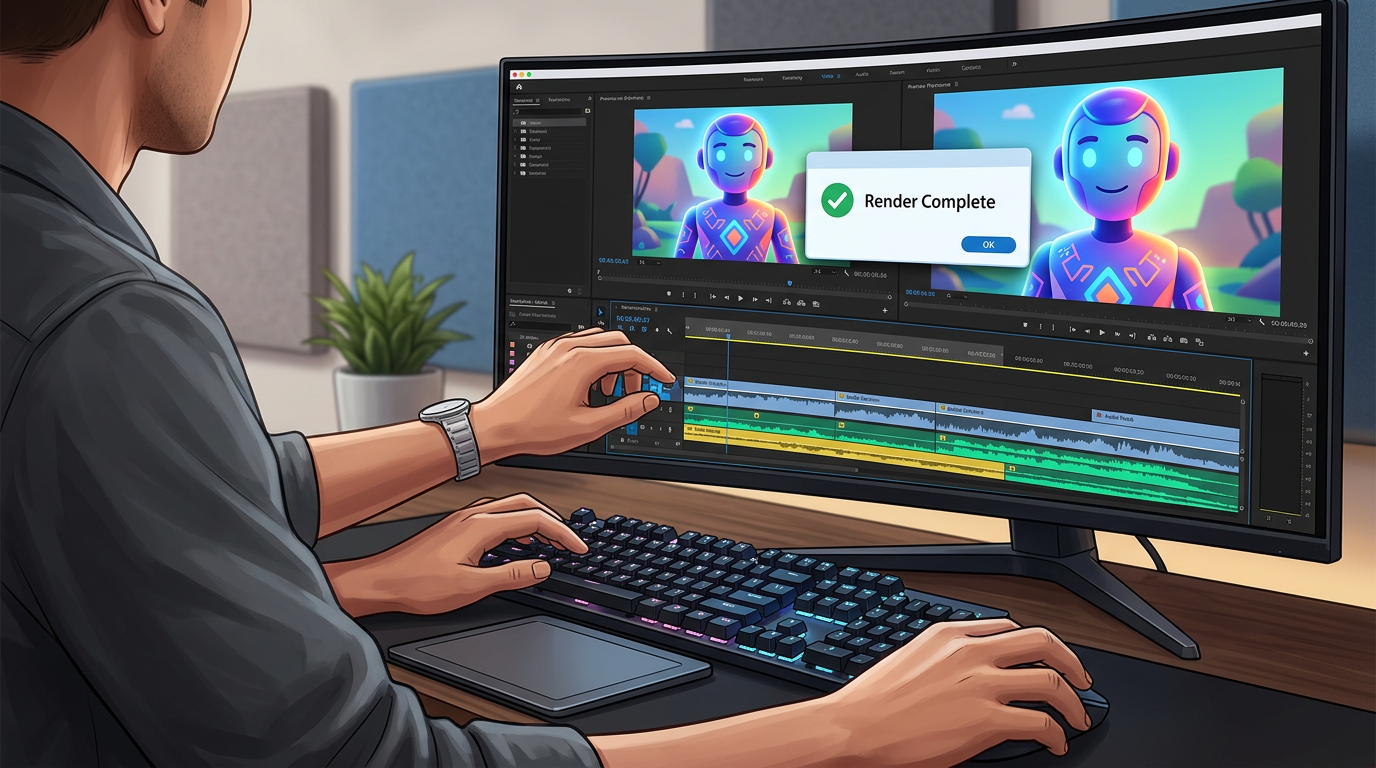 A video editing timeline showing the final rendering process of an AI-generated wedding video.