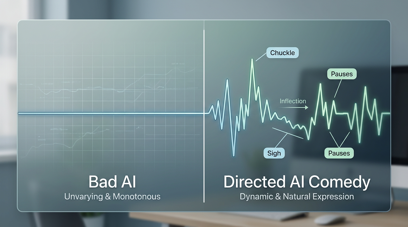 A comparison of flat, robotic AI audio waveforms versus a dynamic, expressive waveform optimized for comedic timing.