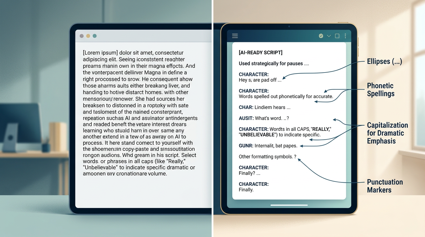 Comparison of standard script writing versus formatting for AI voice generators
