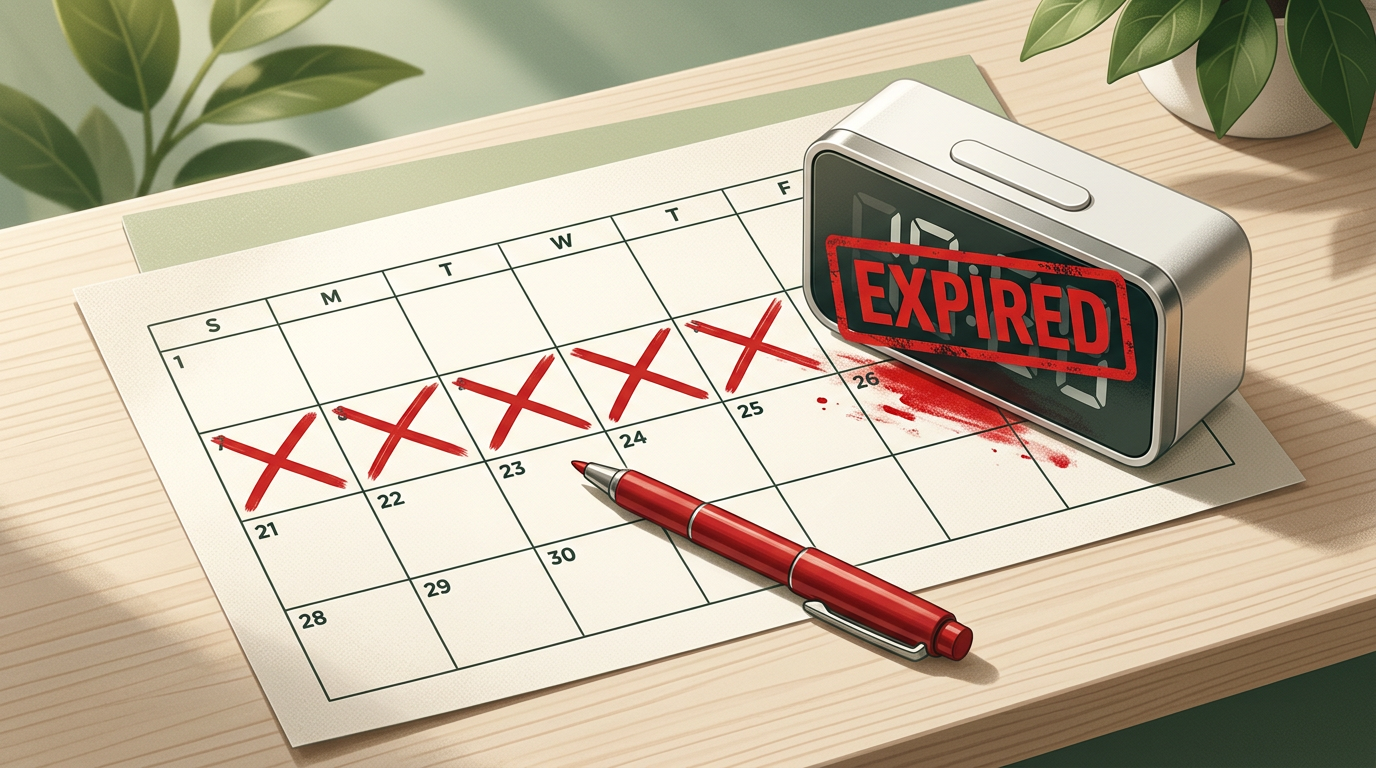 A calendar showing crossed-out days and an expired timer, symbolizing the long wait times of traditional celebrity shoutout apps.