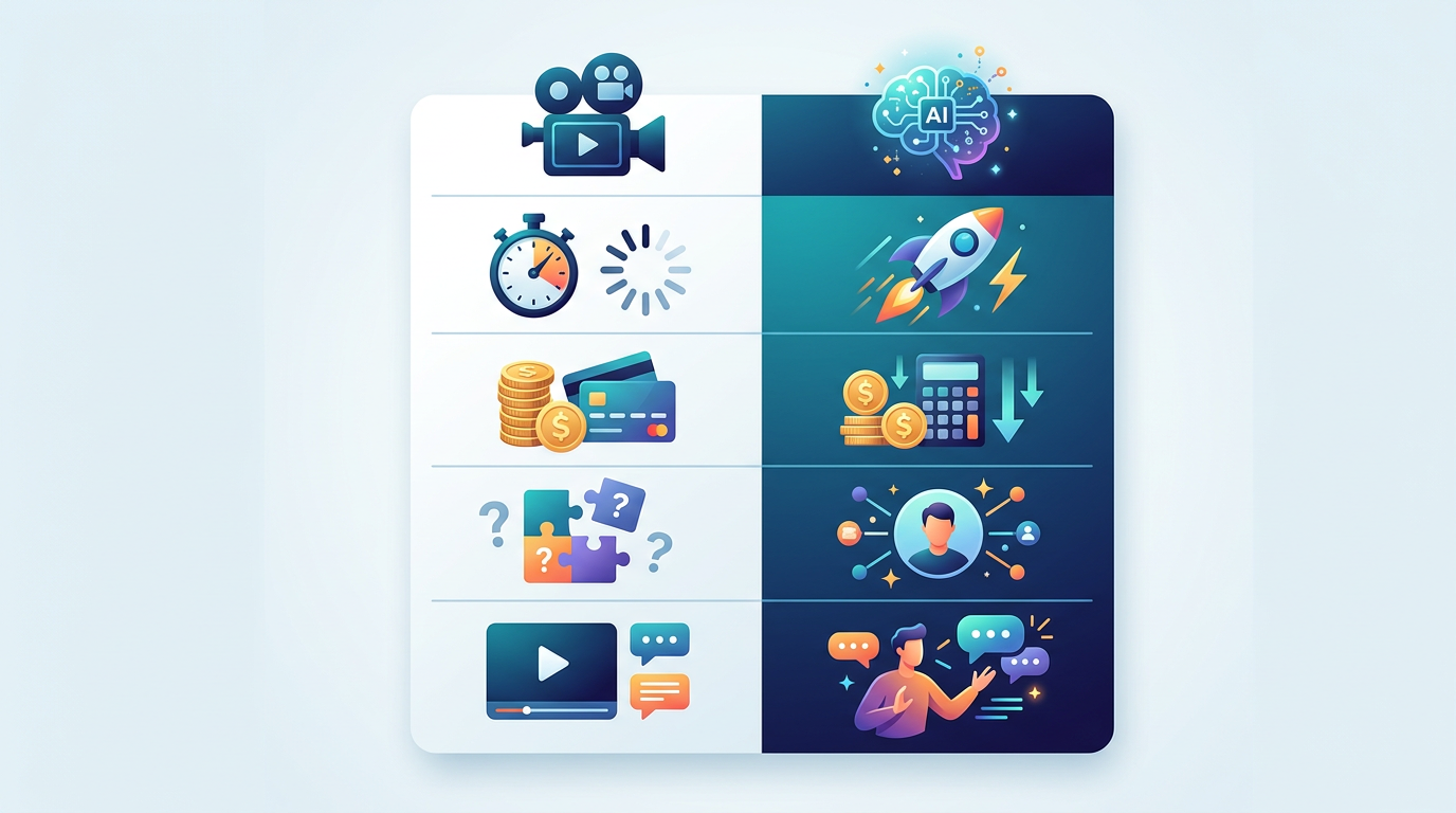 A comparison matrix graphic illustrating the differences in speed, cost, and interactivity between traditional shoutout services and AI-powered platforms.