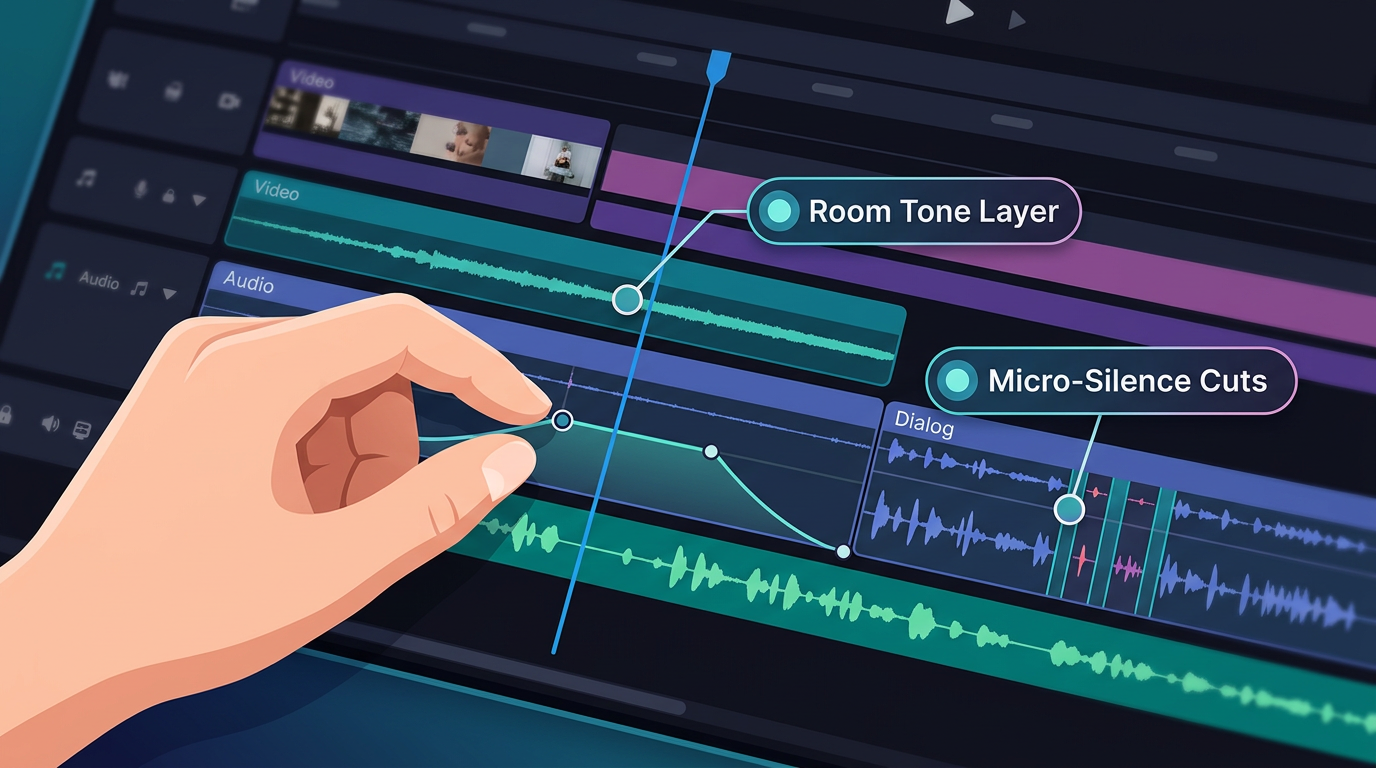 Close-up of a video editing timeline showing audio tracks being edited, highlighting room tone integration and pacing adjustments for AI voiceovers.