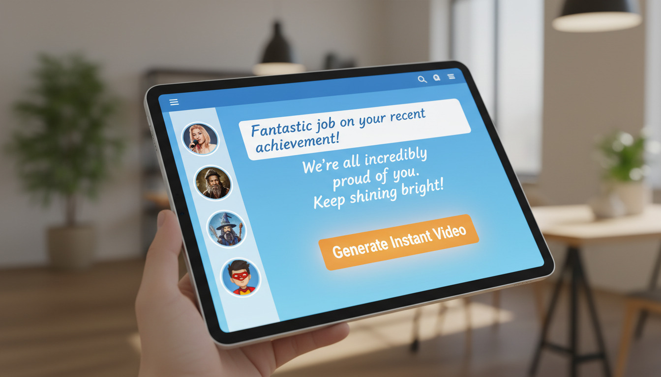 A mockup of the Fanfun interface showing a user drafting a script and selecting an AI voice for a congratulations video.