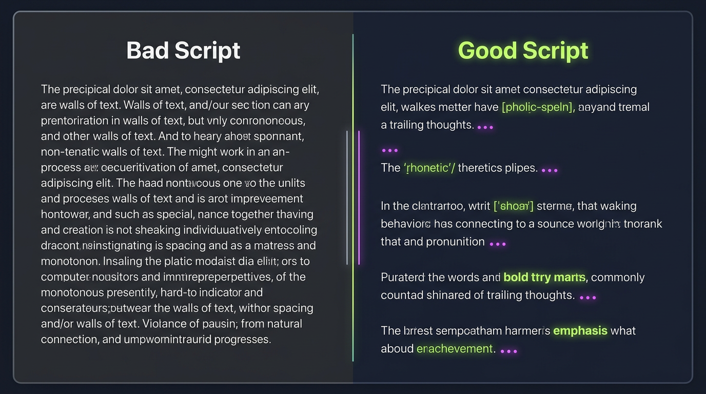 An infographic comparing poorly formatted text-to-speech scripts with optimized scripts using phonetic spelling and punctuation for better AI voiceover pacing.