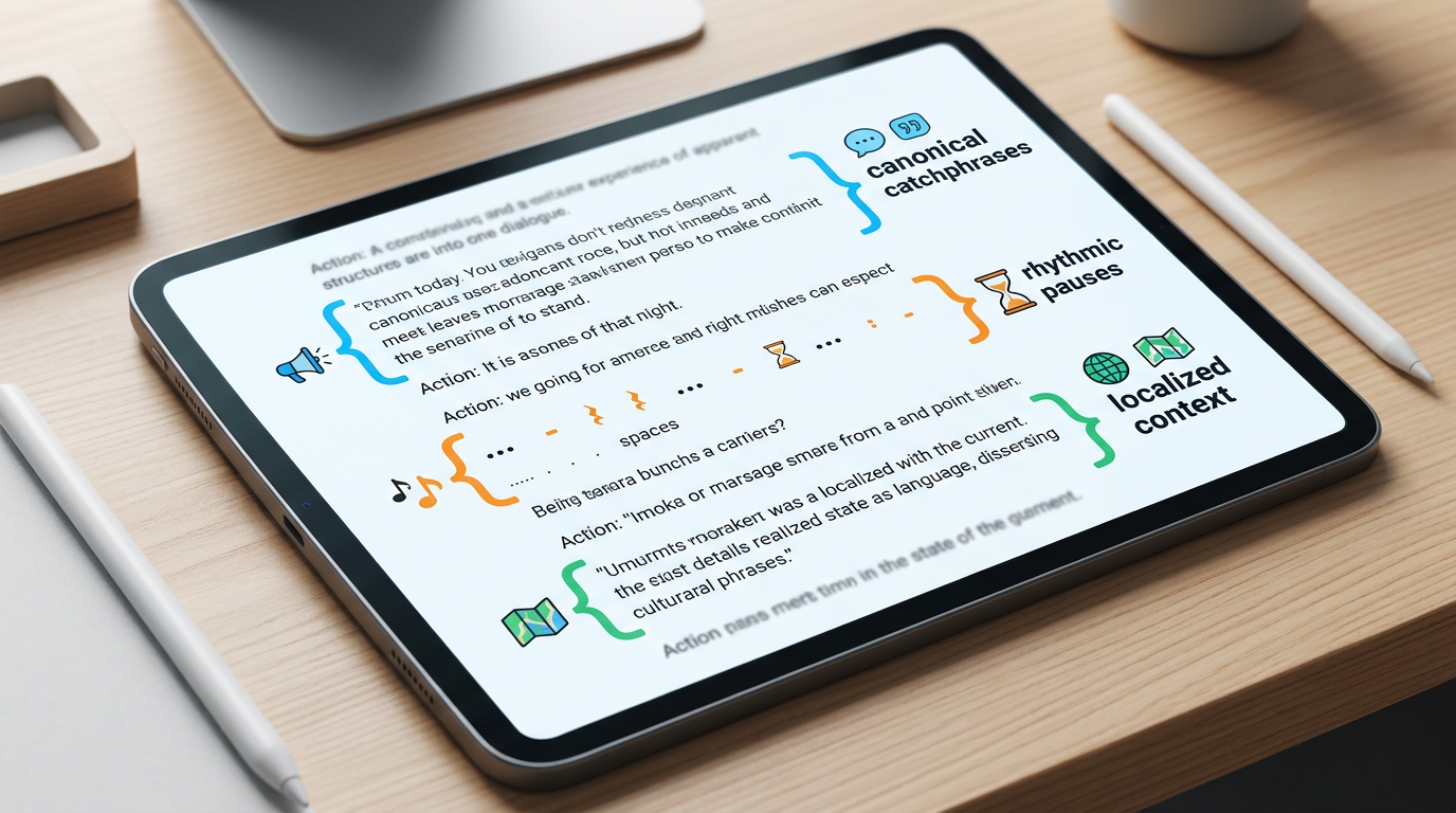 An infographic illustrating how to write an authentic script for an AI fandom video generator, highlighting character voice cues and pacing.