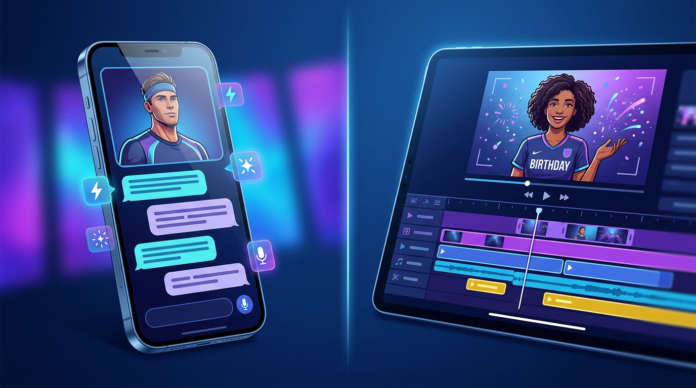 A visual comparison of interactive AI text chat and personalized AI video generation interfaces.