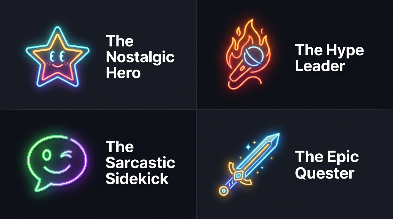 An infographic grid showcasing four fictional character archetypes for birthday videos: Nostalgic Hero, Hype Leader, Sarcastic Sidekick, and Epic Quester.