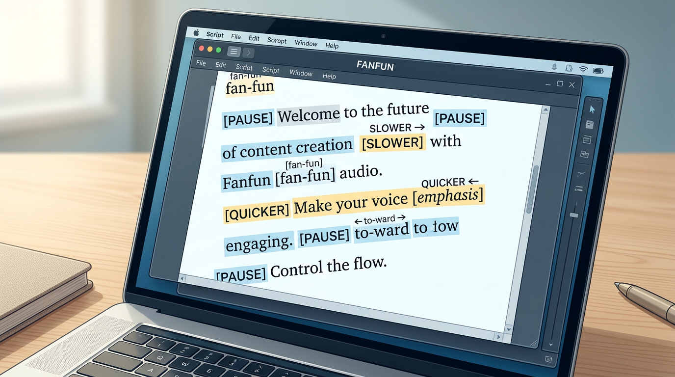 A digital script editor screen displaying text markup, phonetic spellings, and pacing notes designed for optimizing synthetic AI voice generation.