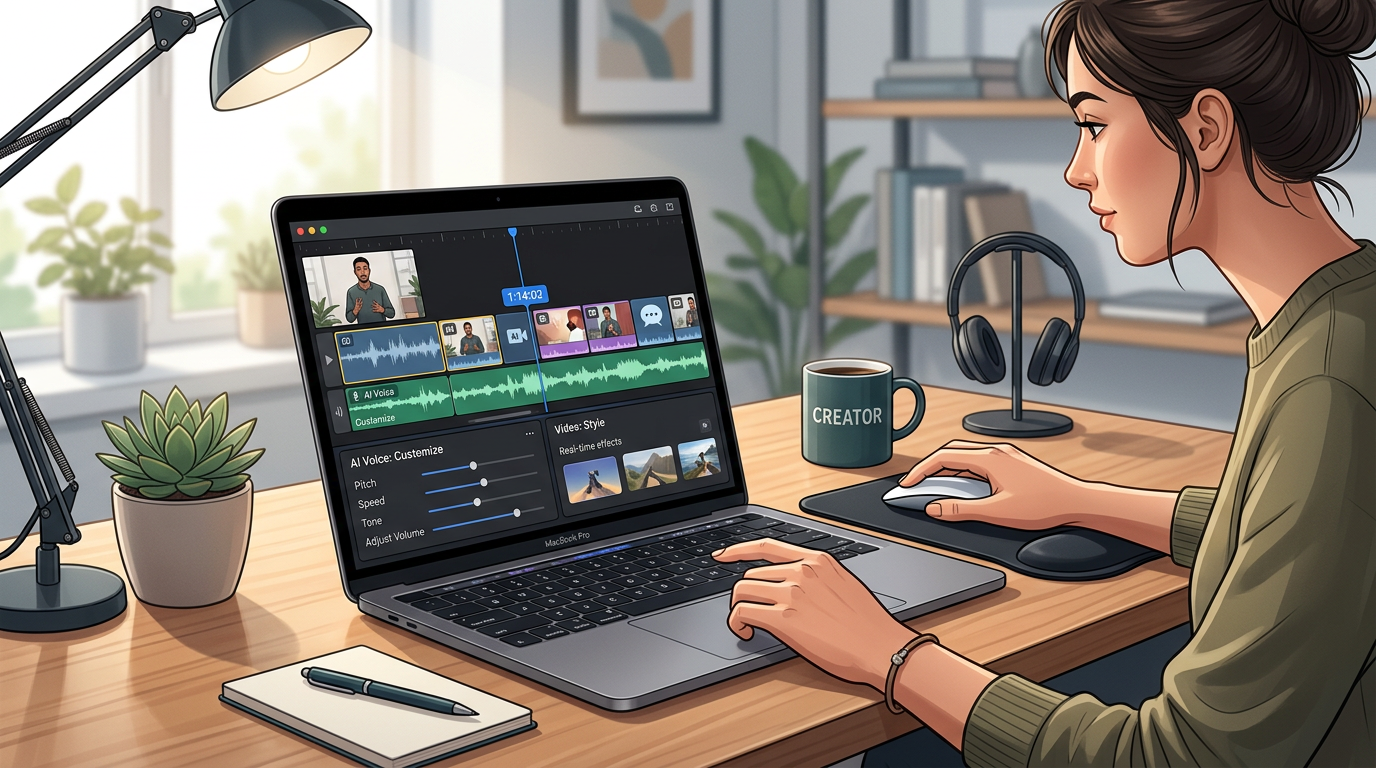 Close-up of a digital workspace showing a creator editing an interactive AI celebrity video script.