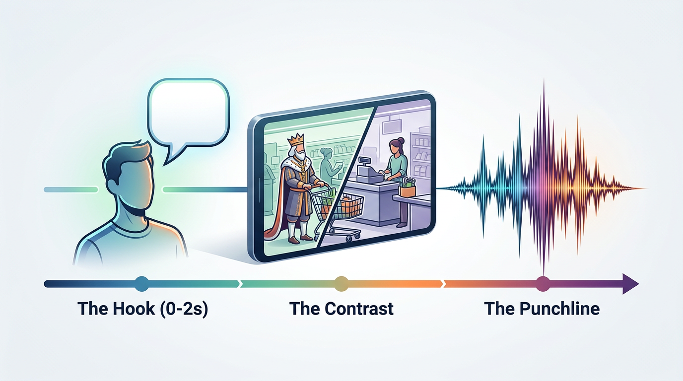 A visual diagram breaking down the structure of a high-retention AI meme video into Hook, Contrast, and Punchline phases.