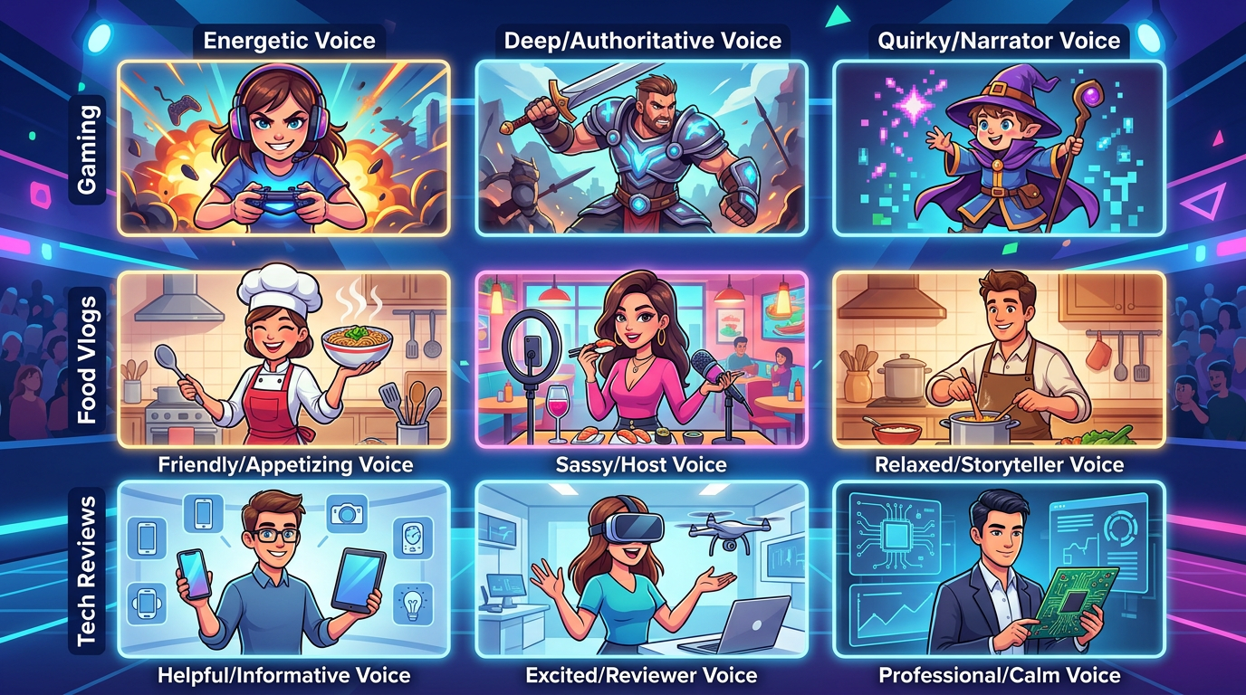 A colorful grid matching popular content niches with expressive AI voice avatars and character archetypes.