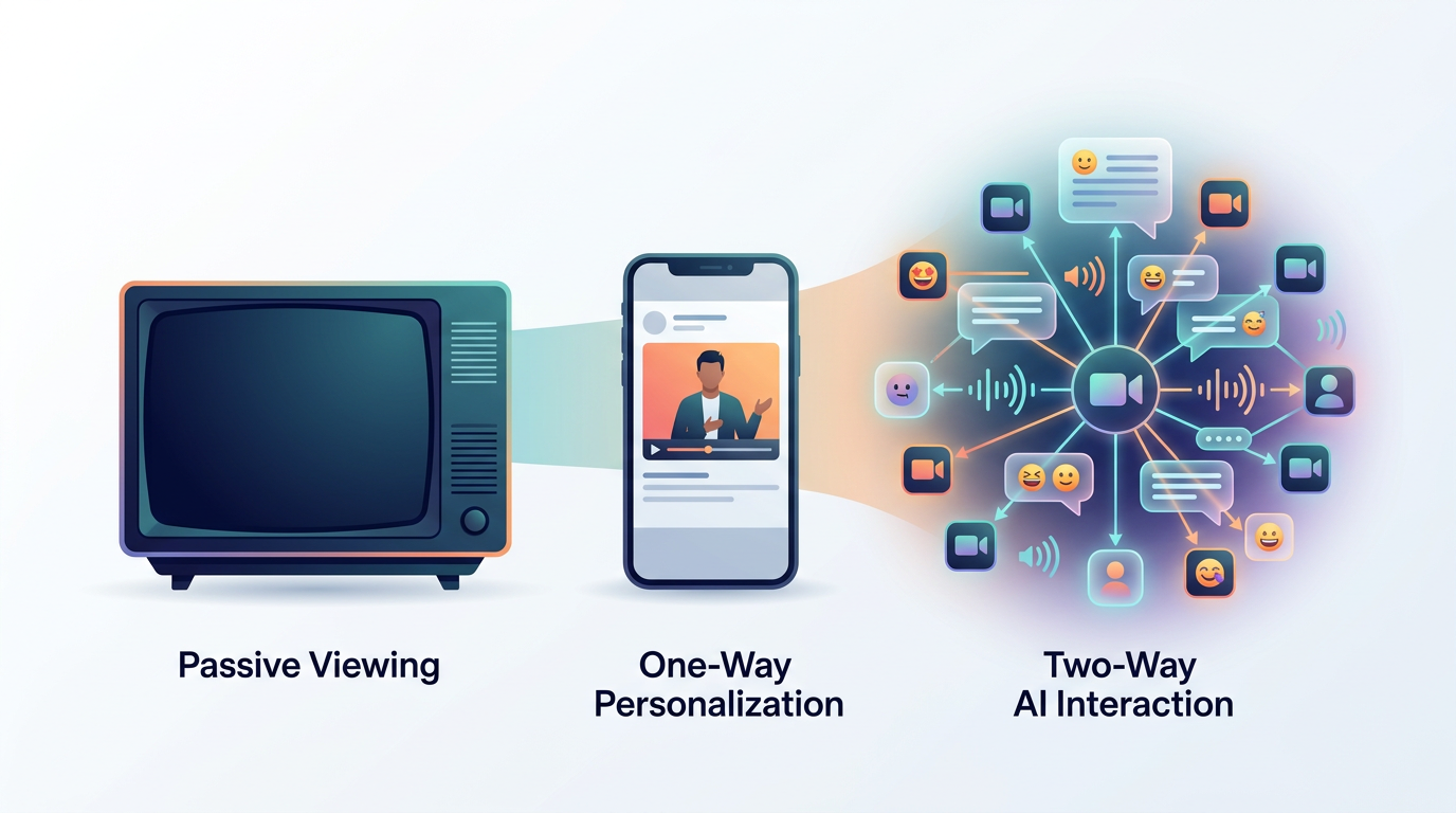 An infographic showing the transition from passive media consumption to interactive, two-way AI fan engagement.