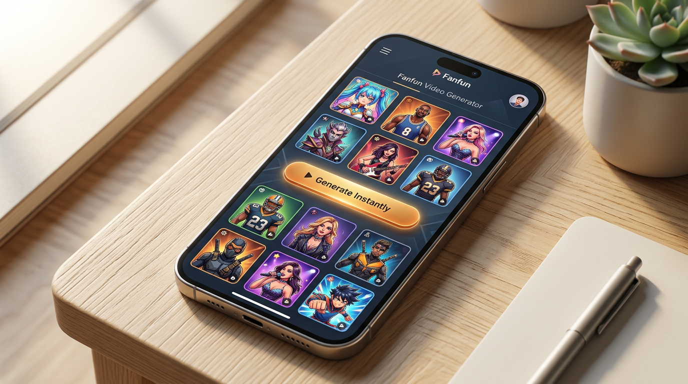 A smartphone showing the Fanfun AI video generator interface with a diverse library of character avatars ready for instant creation.