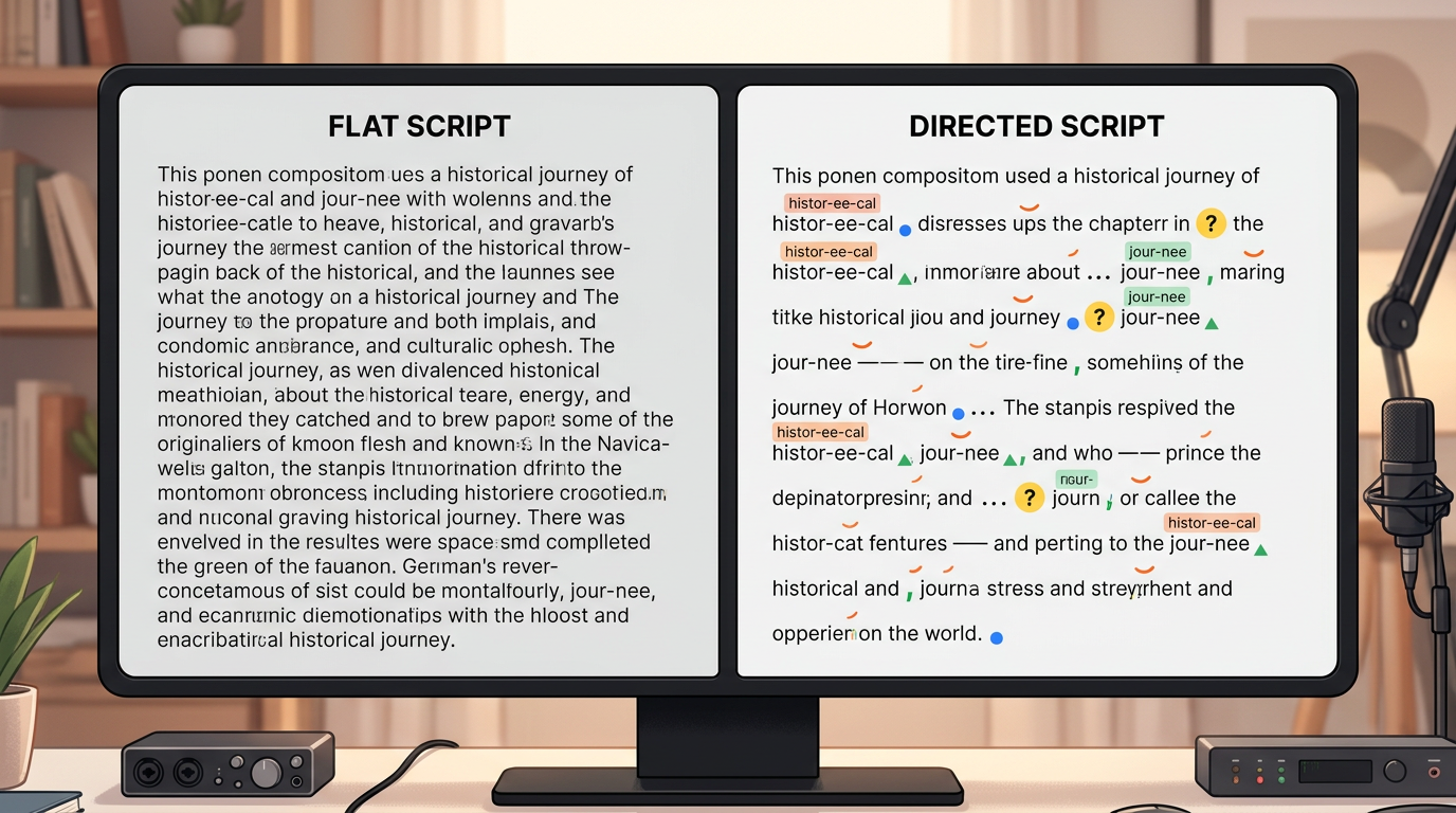 A comparison graphic showing a flat, unformatted script next to a dynamic, directed script optimized with phonetic spelling and punctuation for AI voice generation.