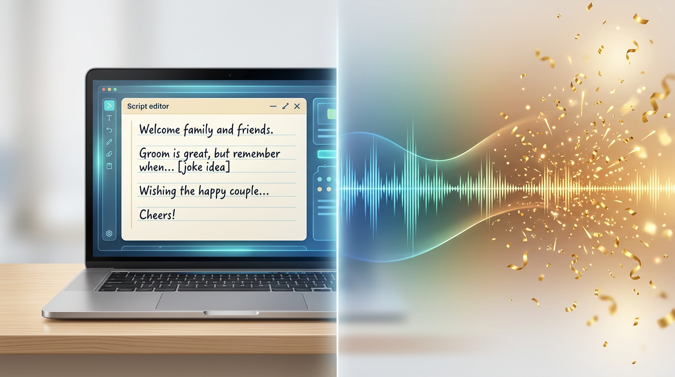 A laptop screen displaying a wedding script template next to a digital audio waveform and festive gold confetti.