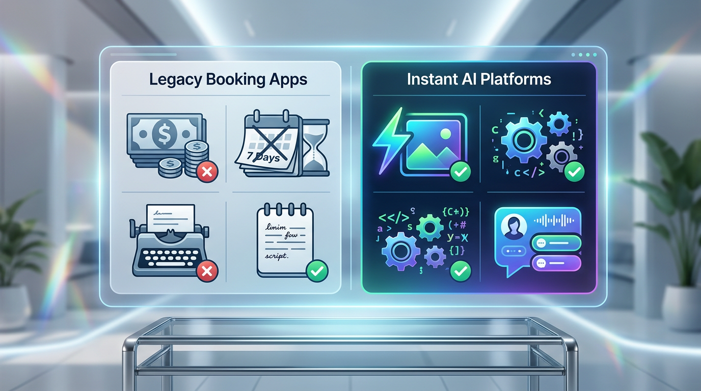 A comparison chart comparing legacy celebrity booking apps with modern instant AI video generators.