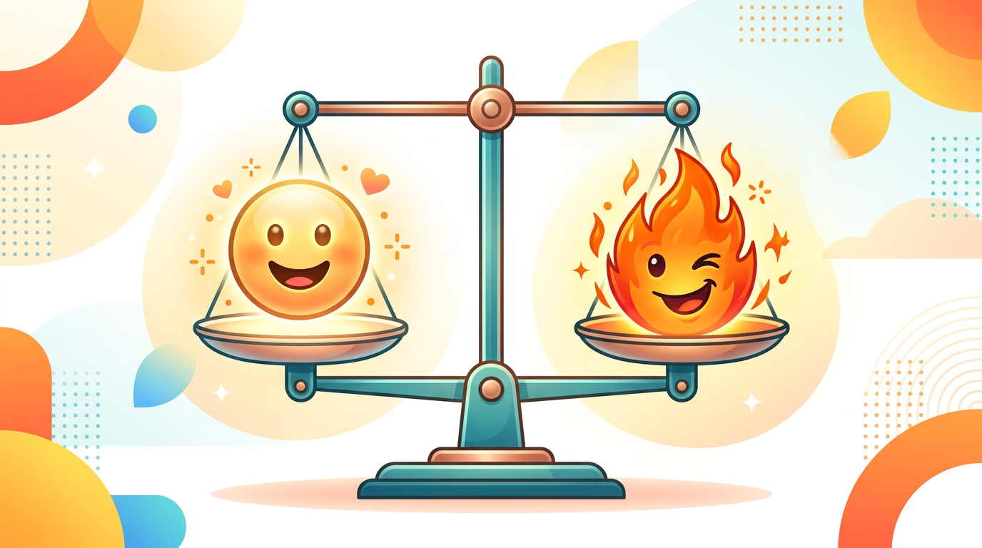 A conceptual illustration of a balance scale weighing a friendly toast against a playful roast.