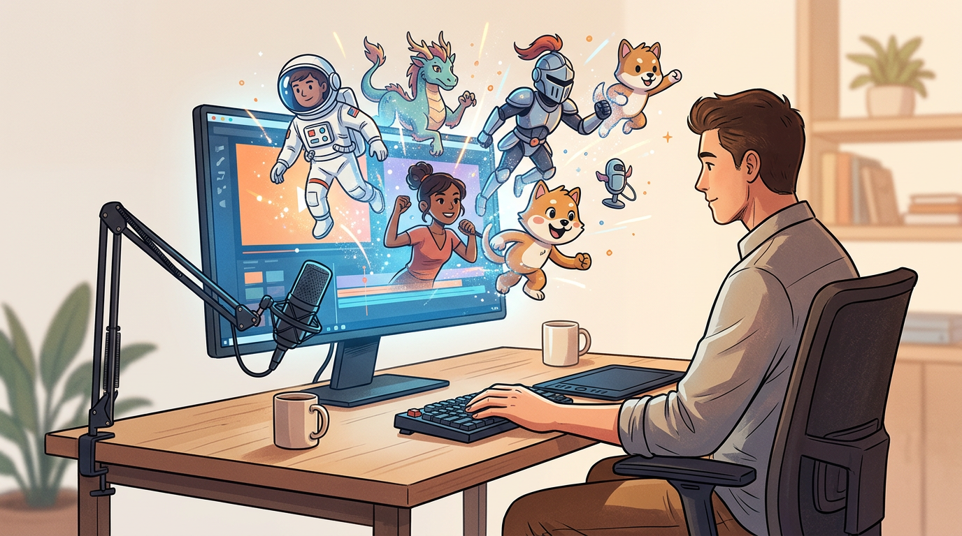 A digital creator using an instant video generator to add character voices and custom celebrity-style clips to their video project.