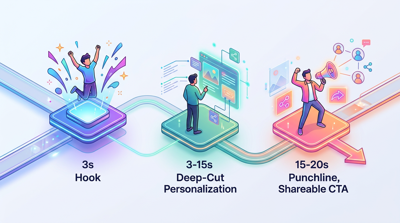 Infographic showing a 3-step script framework for maximizing retention in AI-generated video messages.