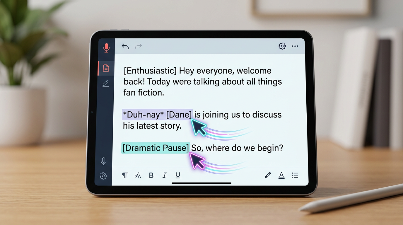A digital tablet showing a script editor with phonetic spellings and emotional cues highlighted for an AI voice generator.