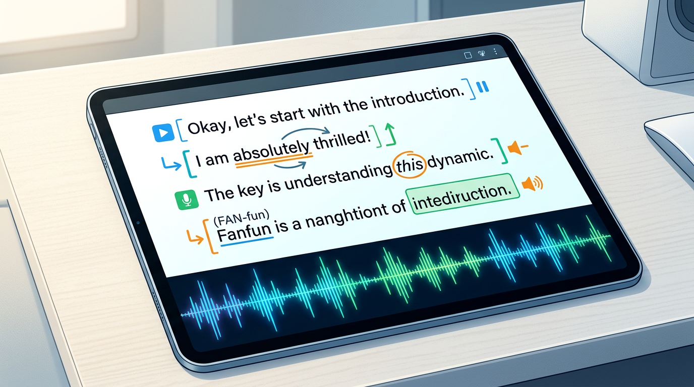 A digital script editor interface showing text formatting and audio waveform visualizer for optimizing AI voice generation.