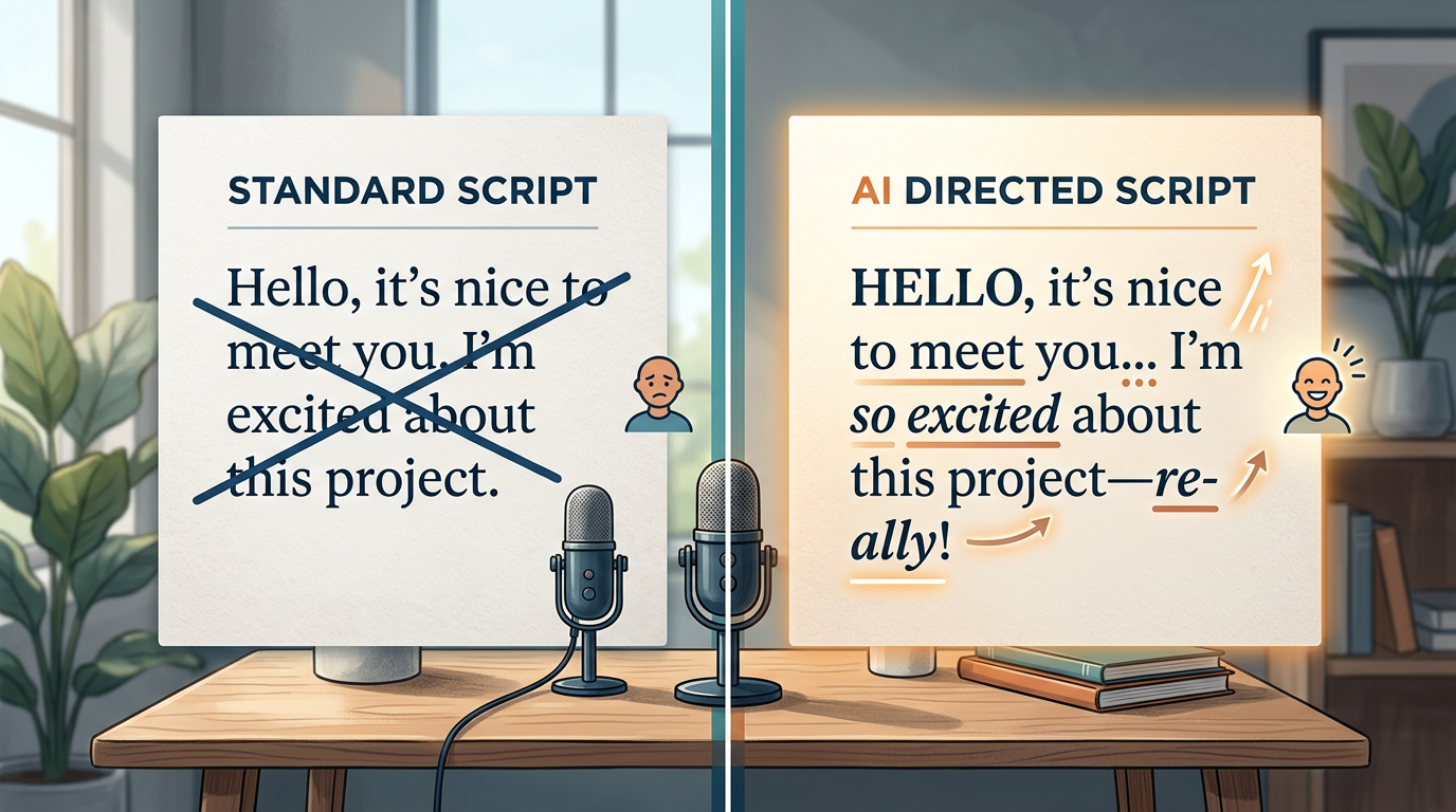 An infographic showing script markup techniques to improve AI voice generator performance using punctuation and phonetic spelling.