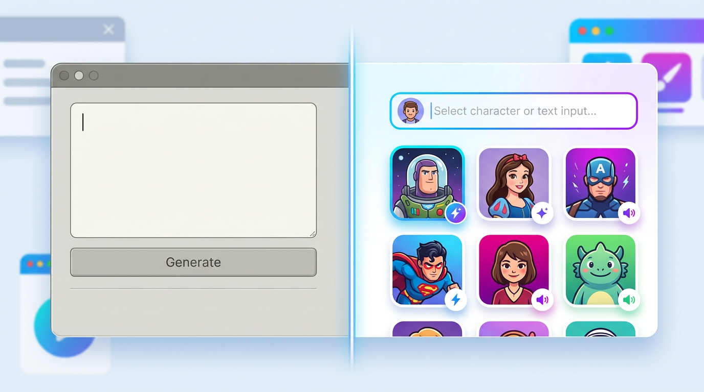 A comparison visual showing a generic text-to-speech interface next to the dynamic, character-rich Fanfun creation platform.