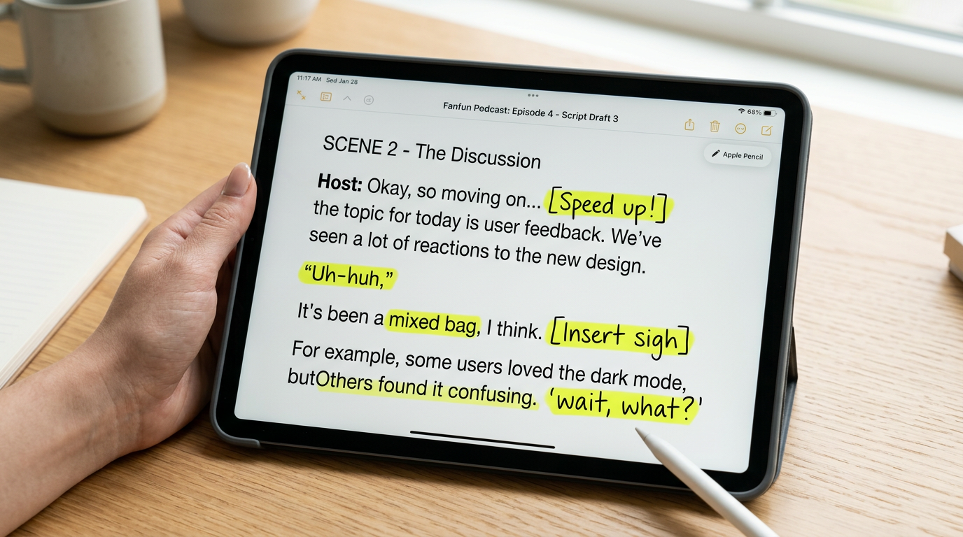 A close-up of a comedy script optimized with phonetic spelling and timing cues for an AI voice generator.