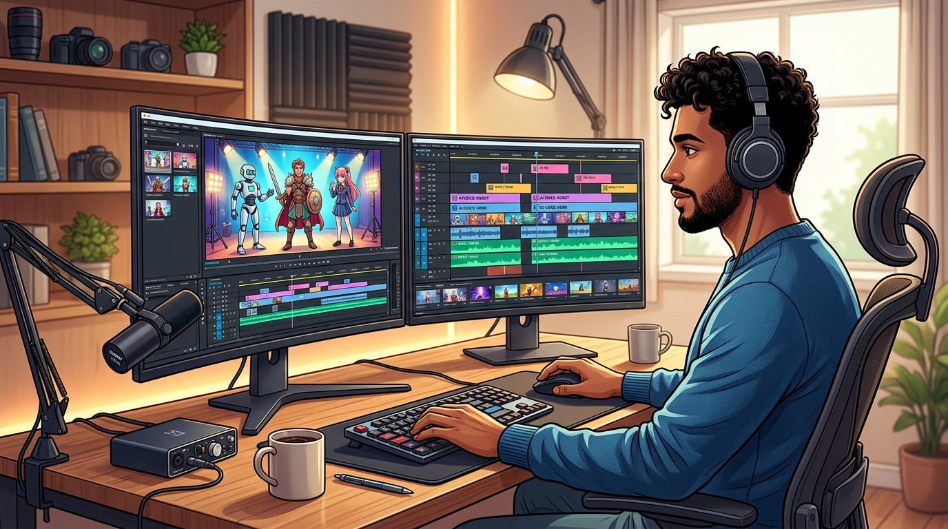 A content creator editing a high-energy video using multiple AI voice and video assets on their timeline.