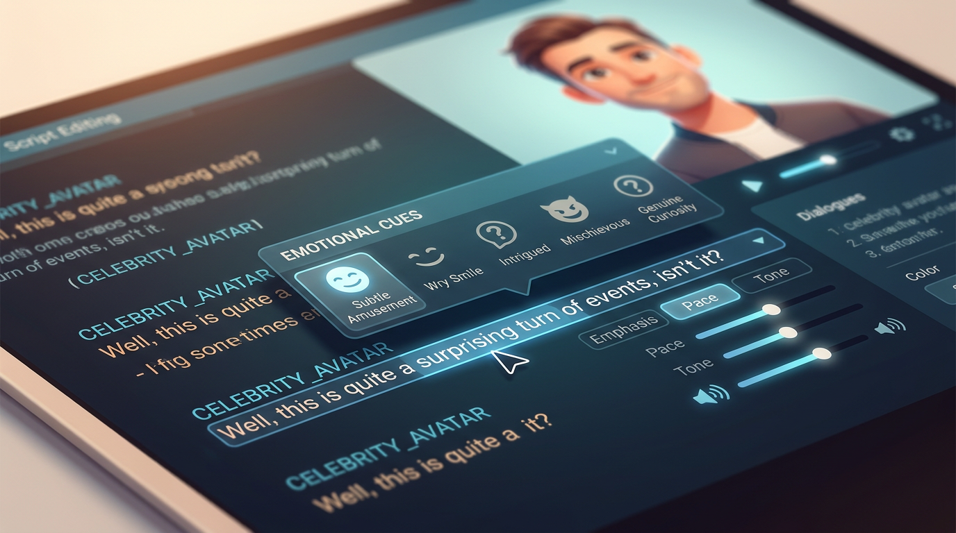 A close-up view of a digital script editor showing emotional tags and dialogue formatting for an AI celebrity avatar voiceover.