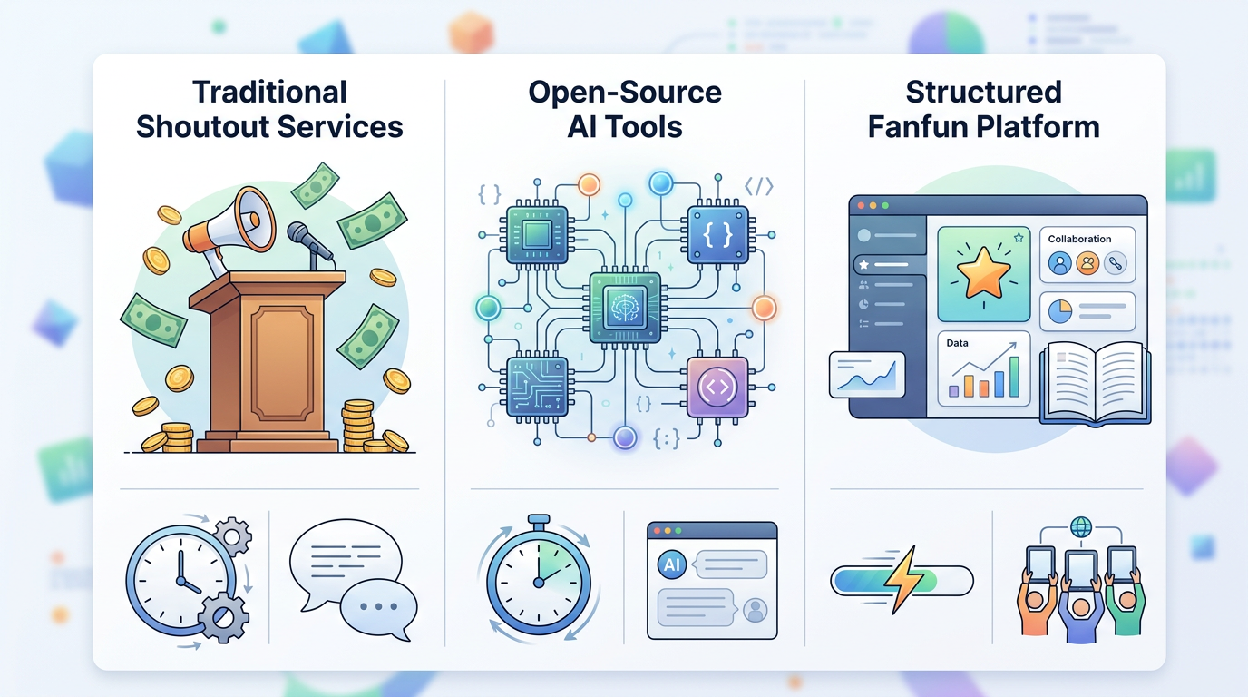 A comparison grid comparing traditional video platforms, open-source tools, and Fanfun based on delivery speed, budget, and interactive capabilities.