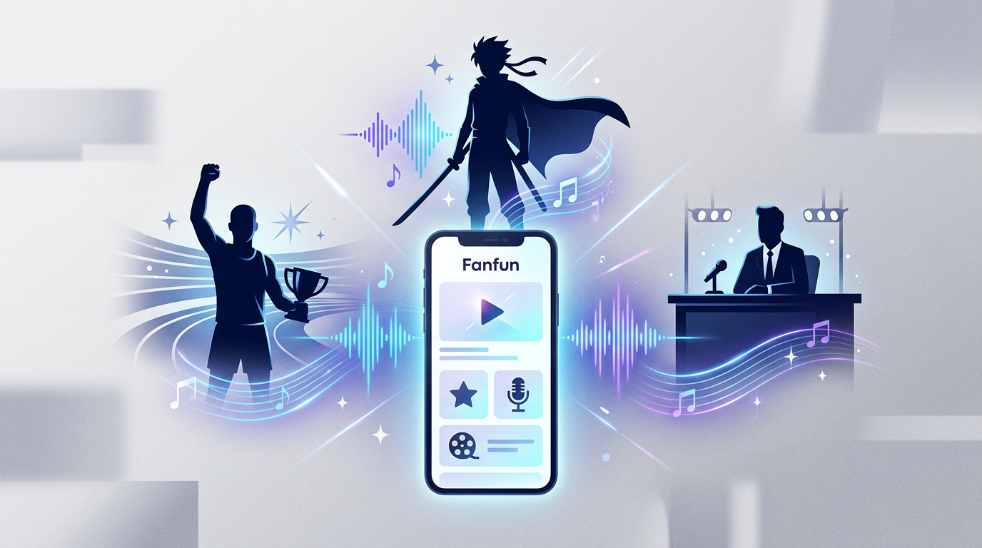 An artistic collage showing various character silhouettes connected by audio waves to a mobile interface, representing different AI voice personas.