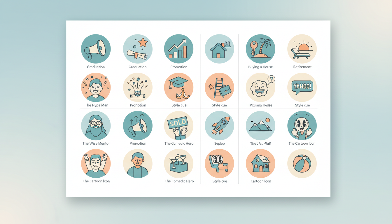An infographic matrix matching life milestones with ideal AI character archetypes for video greetings.
